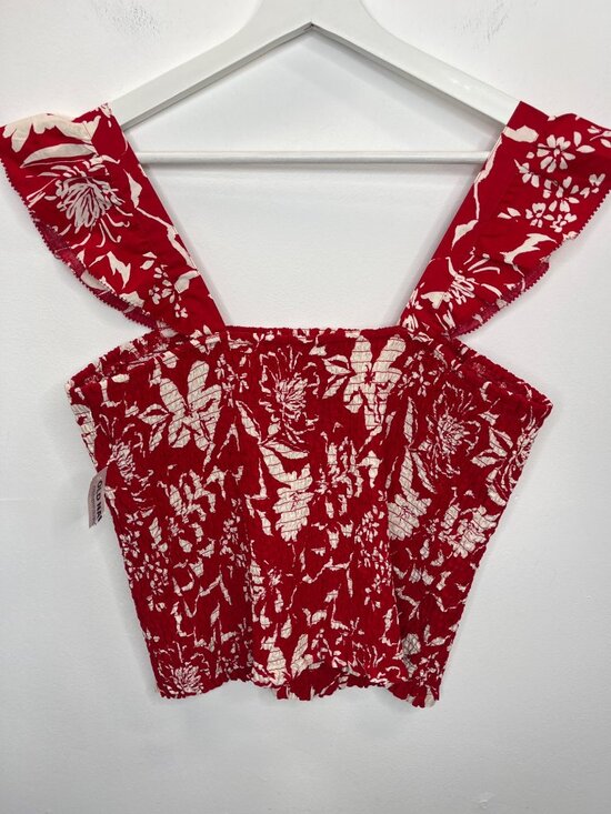 Old Navy Smocked Floral Crop Top Red Cream Size L Tall Boho Cottagecore - Picture 2 of 10